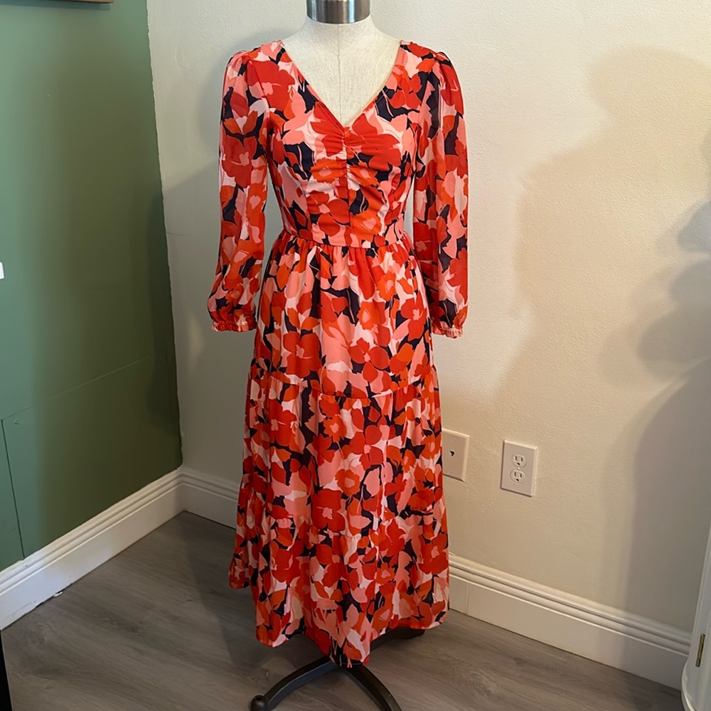 Red peach orange Floral summer Dress